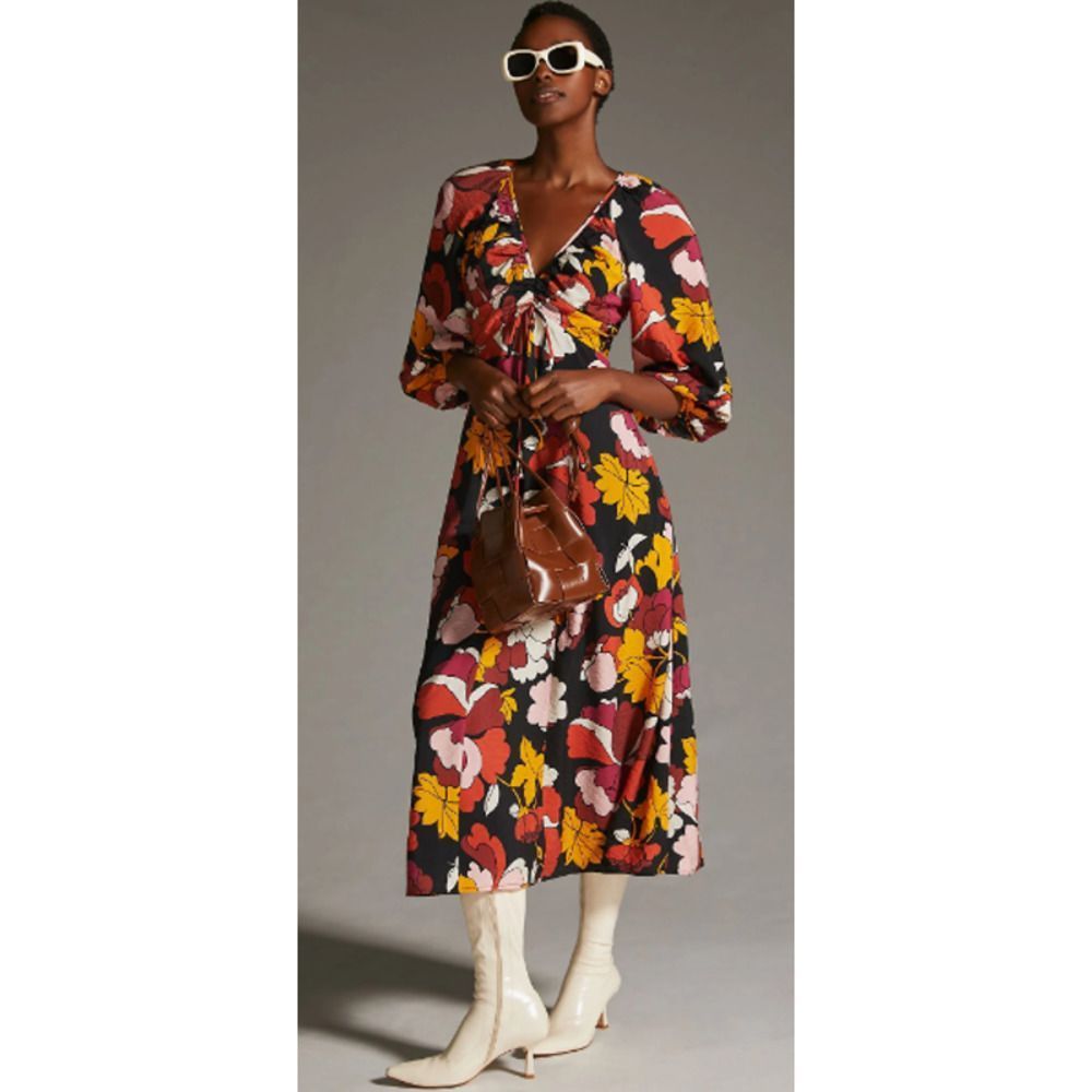 Anthropologie Maeve Fall Floral Long Midi 3/4 Puff Sleeve Dress US 18W - Picture 12 of 12
